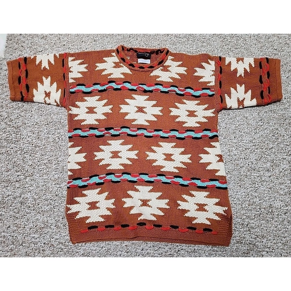 Country Shop Short Sleeve Sweater‎ Aztec Southwest M/L Hong Kong Brown Cream